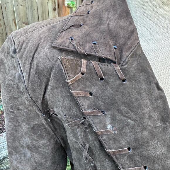 Vtg Y2K Marcelle Renee Brown Suede Leather Whipstitch Trench Coat Women's Small - Picture 12 of 16